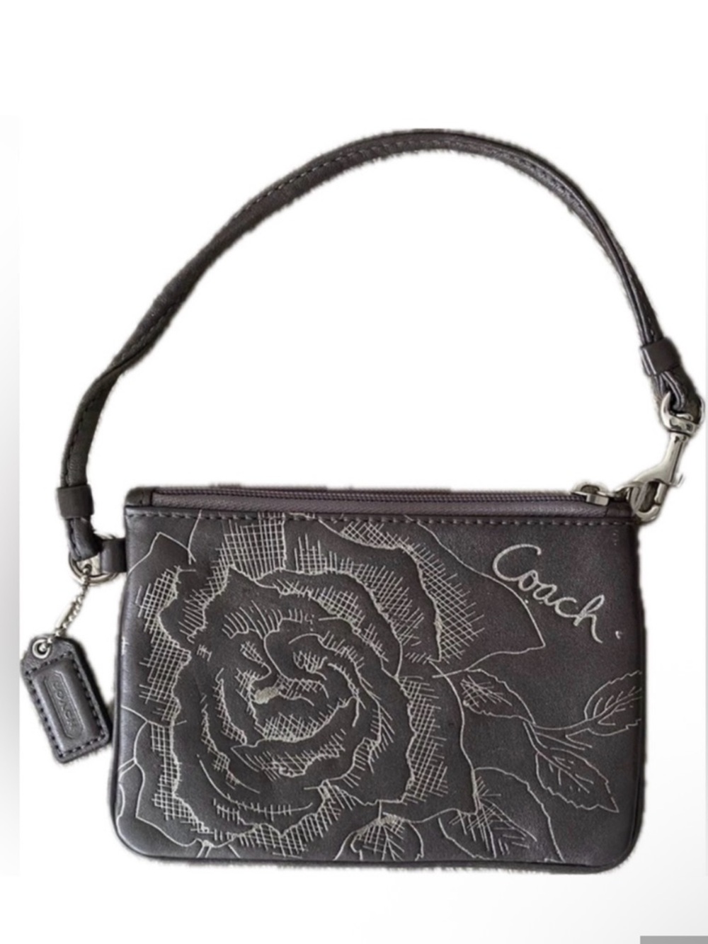 Coach Hematite Grey Floral script Wristlet Pouch RARE - EUC serial #43785 - Picture 2 of 16